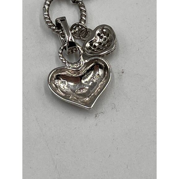 DBJ Sterling Silver Chain Pave and Smooth Heart Charms Double Strand Necklace - Picture 7 of 8